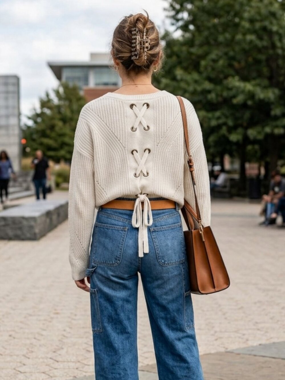 Lucky Brand Lace Up Back Cotton Knit Sweater Boho Casual Neutral Cream Size M